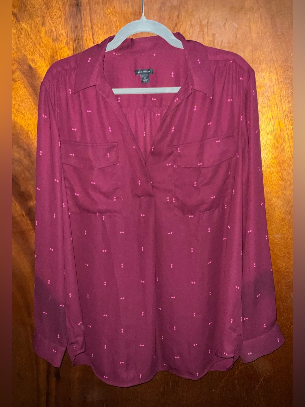 Ann Taylor Wine Blouse with Pink Dot Detail